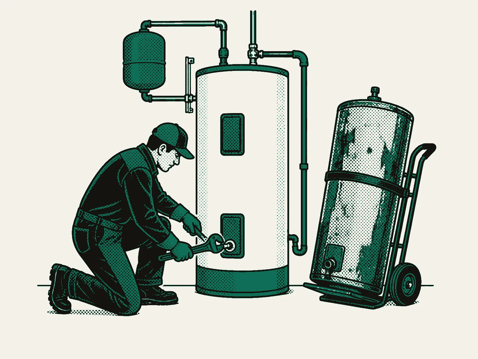 Plumber kneeling at a water heater with the old tank on a hand truck, two-ink print